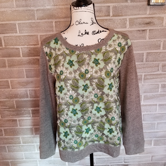 J. Crew Sweaters - J. Crew Sweater Color Gray With Beautiful Green Flowers and silver glitter.